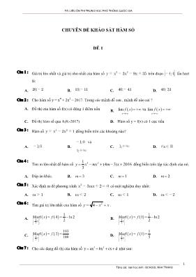 Tài liệu ôn thi THPT Quốc gia  môn Toán - Chuyên đề Khảo sát hàm số - Đề 1